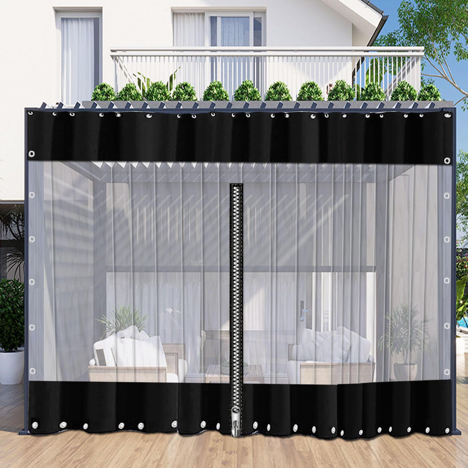 KGUDYS Outdoor Clear Tarp Curtain with Zip Door,Black Transparent Tarpaulin Side Panels,0.5mm Weatherproof Curtains,Pvc Tearproof Plastic Tarpaulin,With Eyelets,WxH-1.9x2m(6.2x6.6ft)