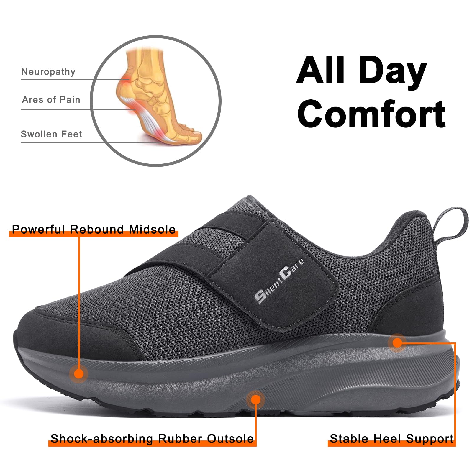 SILENTCARE Zapatos para diabéticos para hombre, puntera ancha, zapatos sin cordones para pies hinchados, zapatos ajustables para caminar para ancianos, alivio del dolor de pies, neuropatía