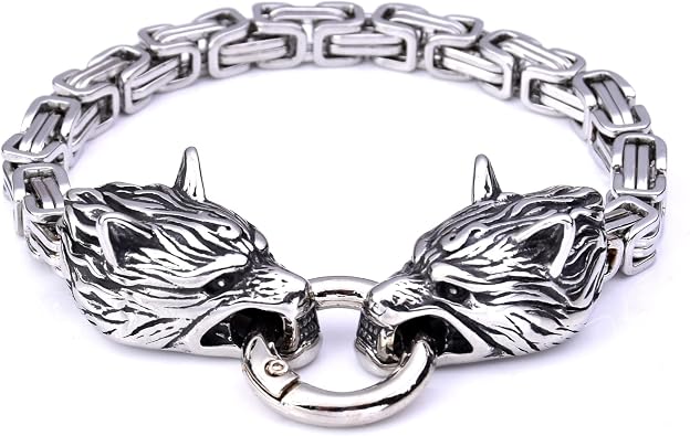 7-9 inch Mens Stainless Steel King Chain Norse Viking Fenrir Wolf Head Byzantine Bracelets Link Chain Accessories