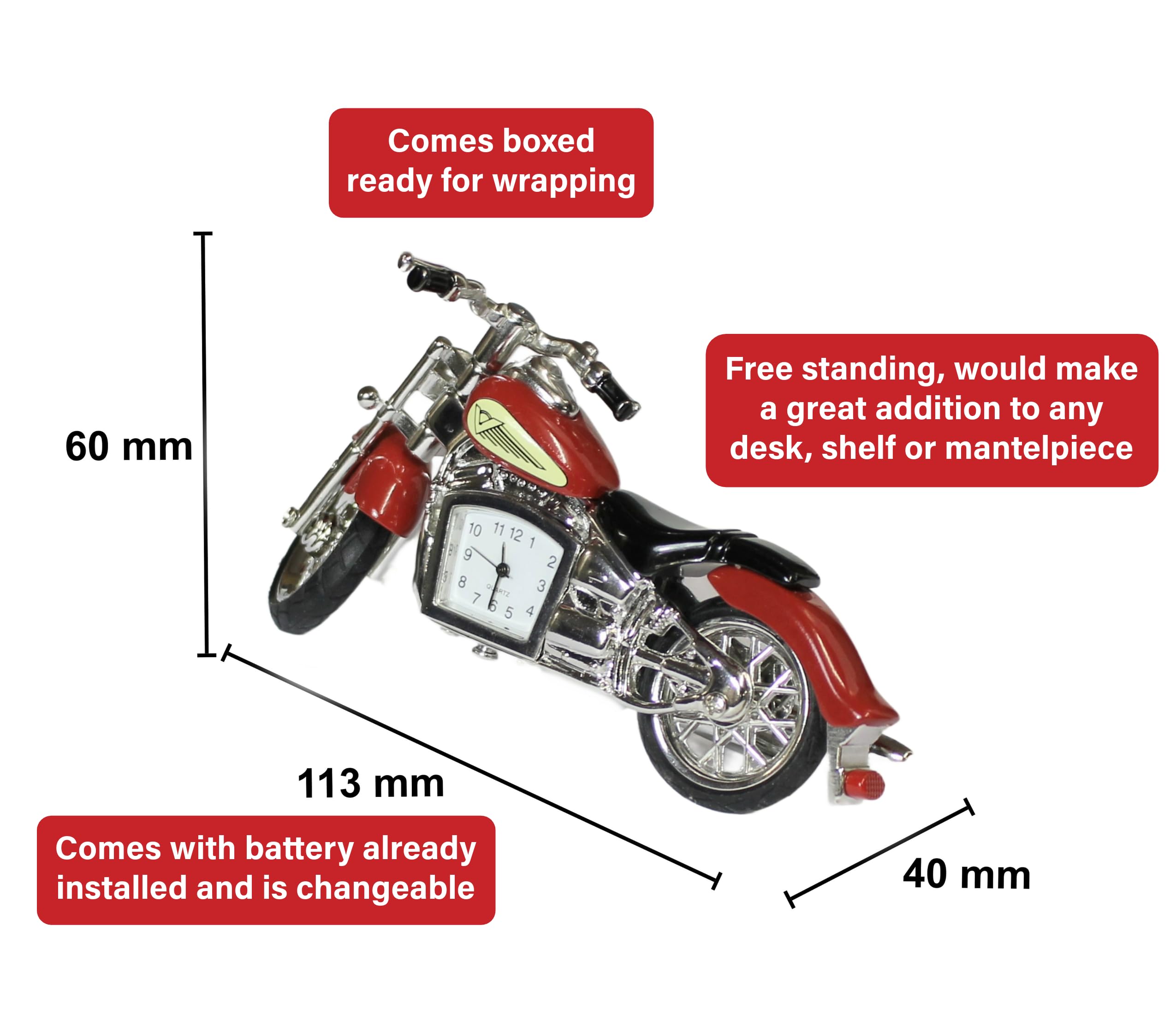 benerini Miniature Silver Red & Black Colour Classic Motorbike Clock - Motorbike Gifts - Free Standing Desk Top - Boxed Gift - Image 2
