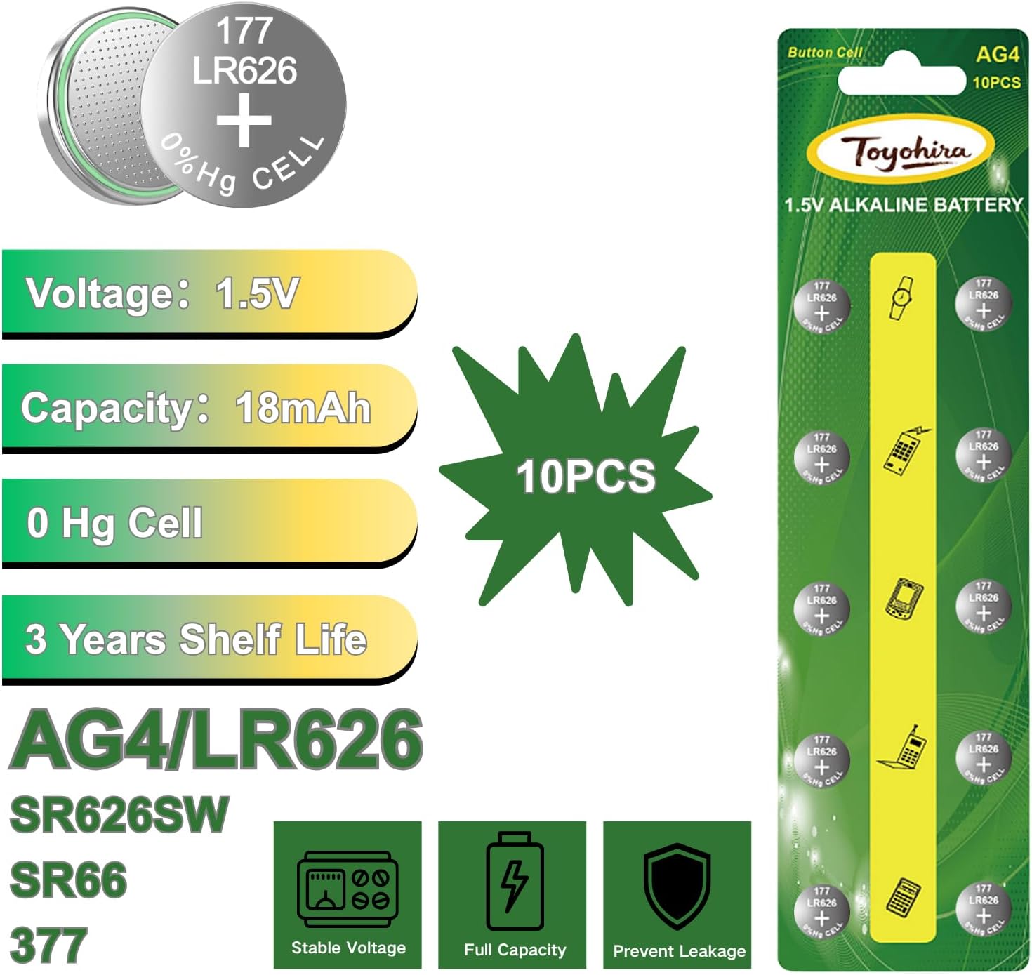 Toyohira SR626SW Watch Battery 377 Watch Battery 10 PCS Promo Pack, Button Cell Batteries High Capacity 377 lr626 ag4 Alkaline 1.5v Batteries for Toys, Lazer Pointer Small Electronic Watch