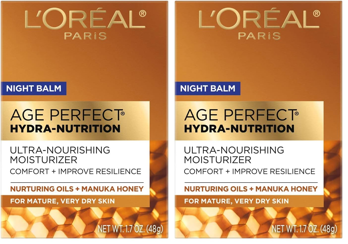 L'Oreal Paris Skincare Age Perfect Hydra Nutrition Ultra Nourishing Honey Night Balm,Face Moisturizer to Comfort,Improve Resilience on Dry Skin,Manuka Honey and Nurturing Oils,1.7 oz.,(Pack of 2)