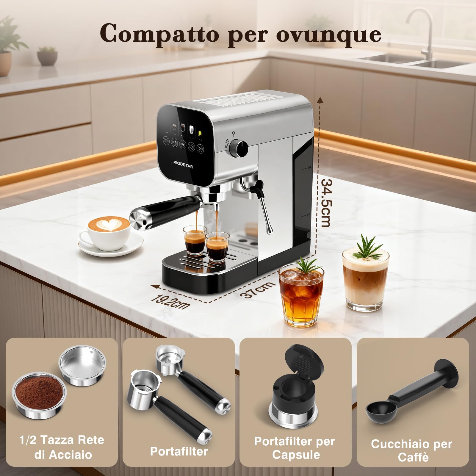 Aigostar Macchina Caffè Espresso 20 Bar per Capsule e Caffè Macinato, 0,9 L | Portafiltro, Schermo touch, con vaporizzatore latte, 1 o 2 tazze, 1350 W, inox, ideale per Espresso, Cappuccino e Latte