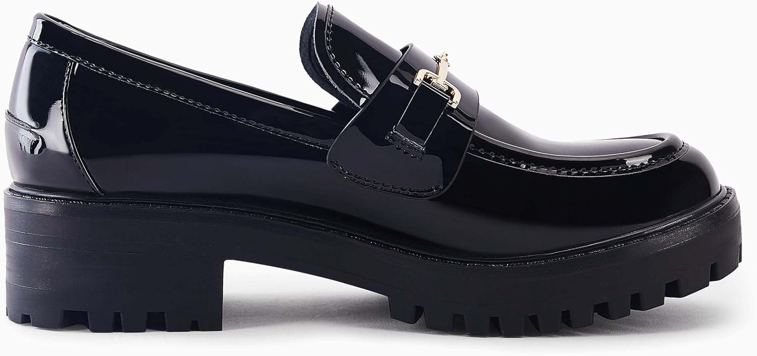 VETASTE Womens Lug Sole Platform Mid Chunky Heel Loafers Classic Round Toe Slip On Office Uniform Oxfords Shoes with Metal Chain - Image 3