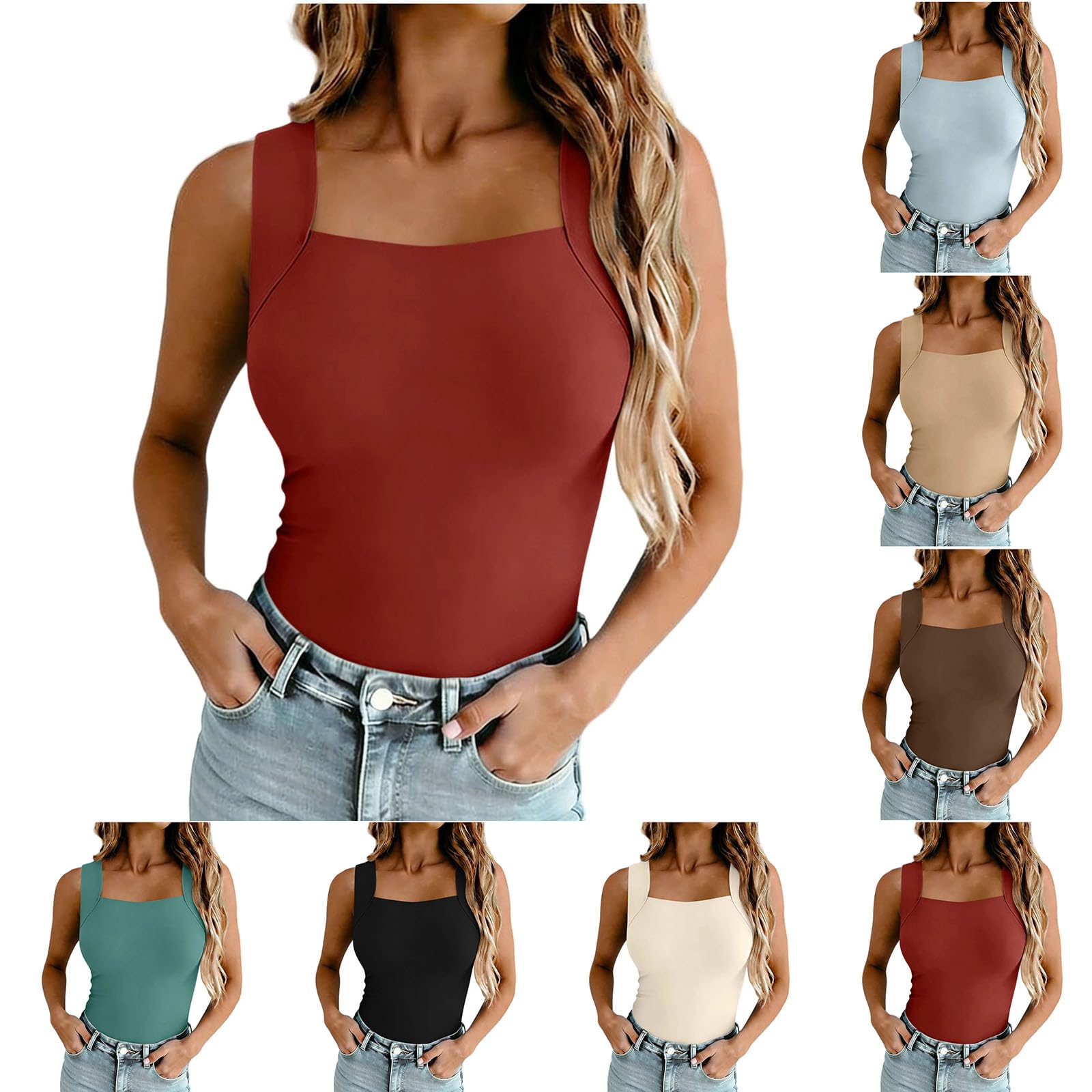 Women's Square Neck Tank Tops Sleeveless Crop Top with Chest Pad Seamless Stretch Cami Tanks Shirts Summer Basic Tight Tees — view 10