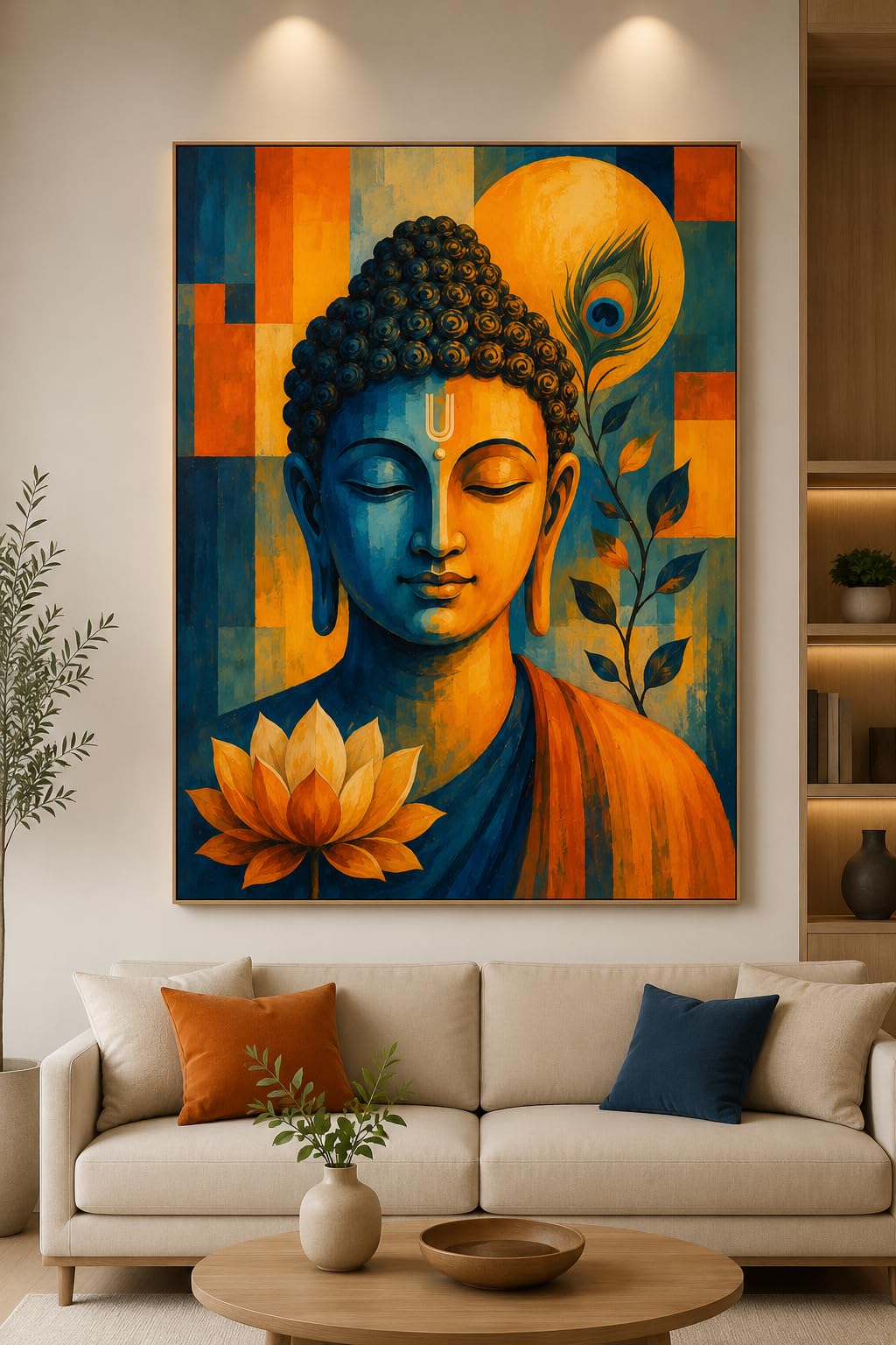 Oil Painting on Stretched Canvas Wall Art, Divine Buddha | Handmade Original, Buddha,Portrait Orientation, Blue & Orange Tones, Multiple Sizes Available-image-36