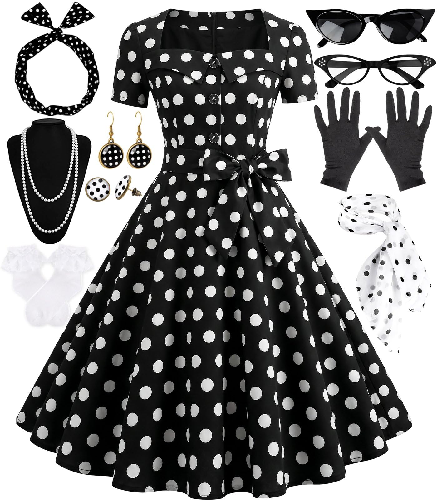 Photo 1 of 1950s Dresses for Women, 50s Vintage Polka Dot Rockabilly Swing Tea Party Dress Costume Set with Accessories Black