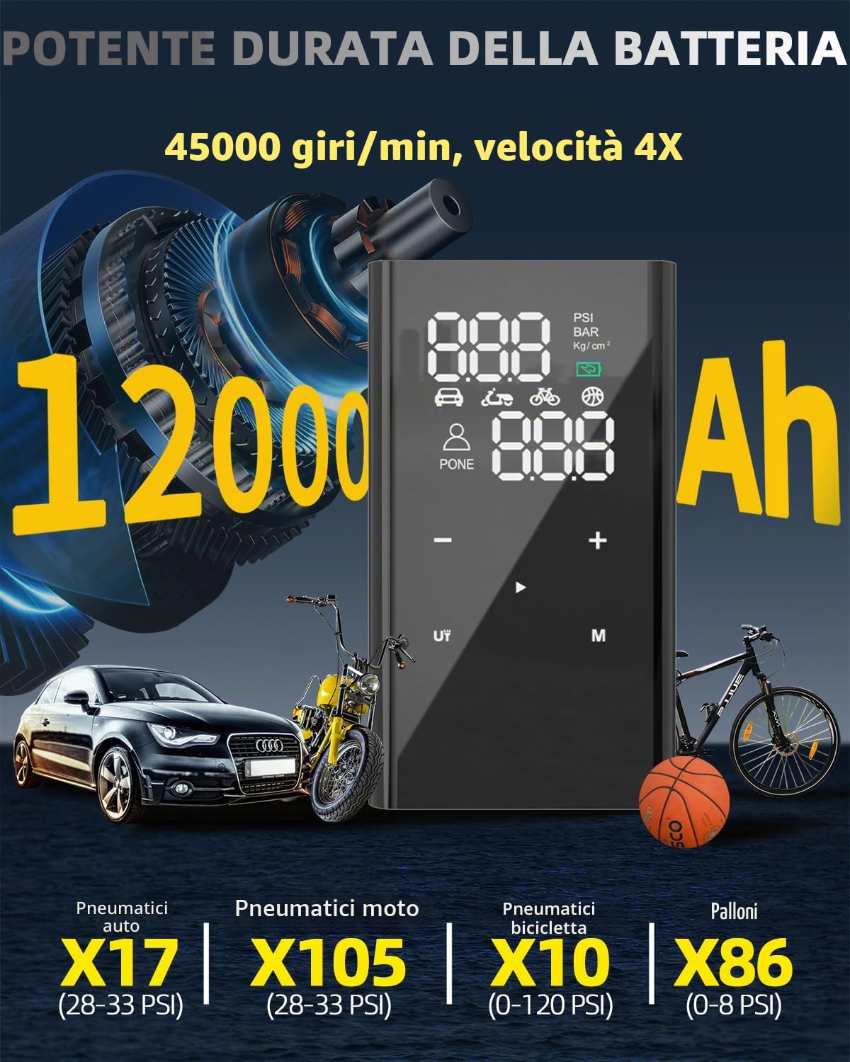 12000mAh Compressore Aria Portatile, Velocità 4X, 150PSI Gonfiatore Elettrico Portatile a Batteria, Mini Compressore Portatile Gomme Auto, Pompa Elettrica per Moto, Bicicletta, Bici,Palloni,SUV