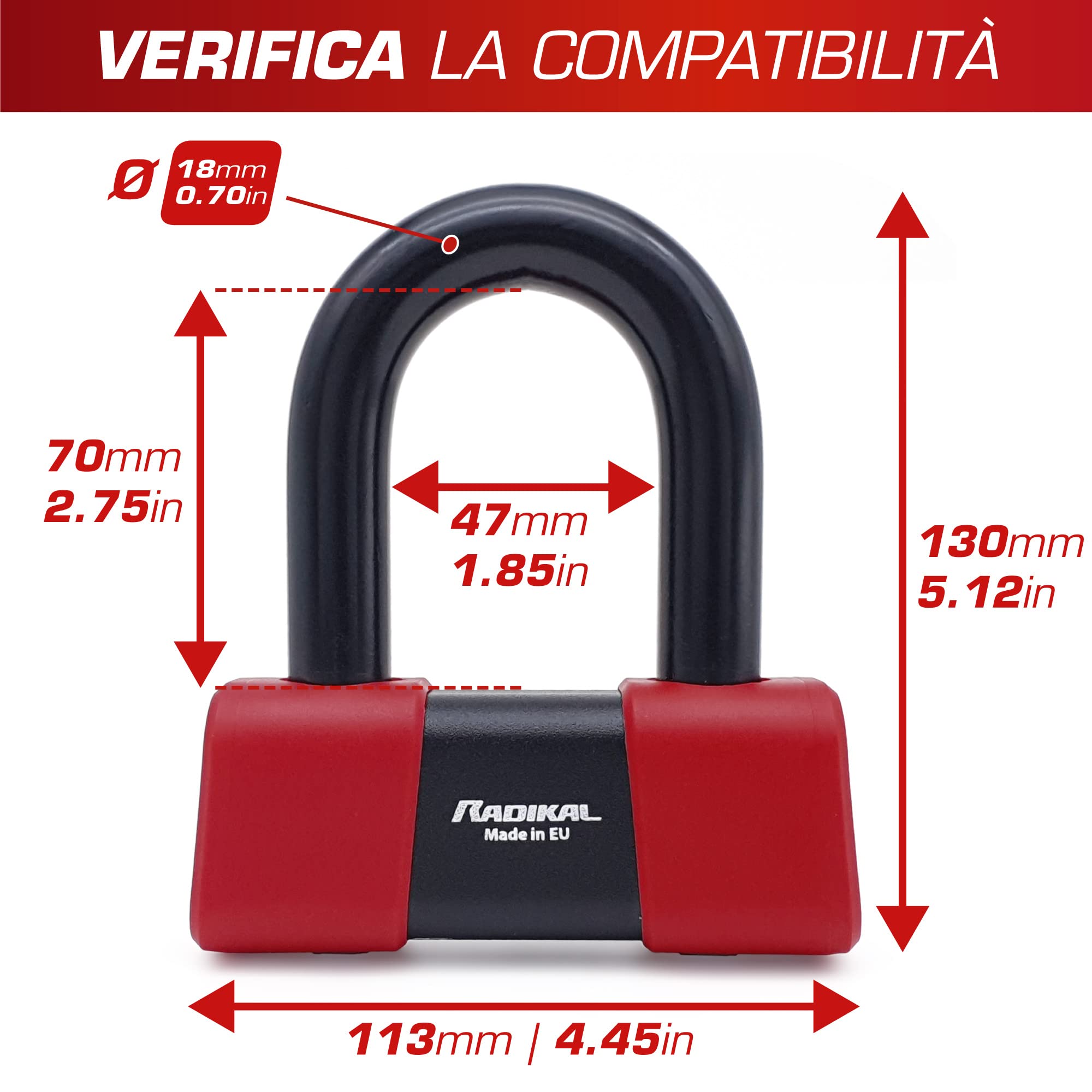 RADIKAL RK75 Antifurto Moto Sicurezza Premium, Blocca Disco per Moto Omologato SRA, Lucchetto Mini U 18mm Doppio Bloccaggio, Serratura Antiscasso, Bloccadisco Acciaio Cementato, Cavo Promemoria