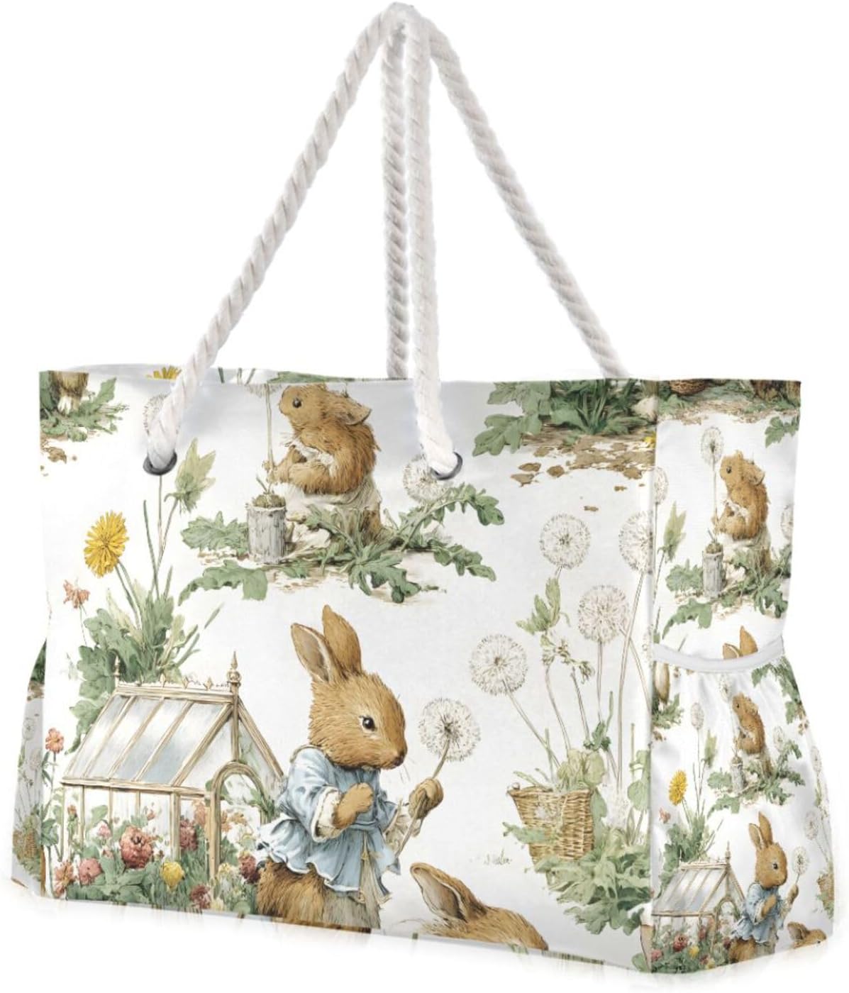 OTVEE Bunny and Flower Pattern Beach Bags for Women Ladies Large Canvas Tote Shoulder Bag Waterproof Travel Bags for Gym Swim Pool Camping