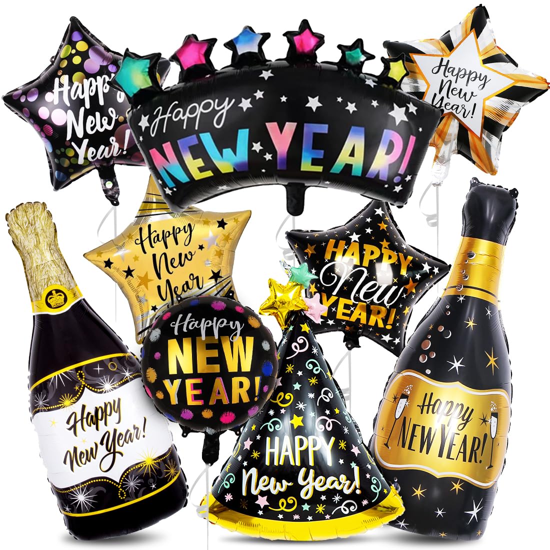 9 Stück Silvester 2026 Folienballon, Luftballons Neujahr mit Champagner Stern, XXL Happy New Year Ballons, Silvester Deko 2026, Schwarz Gold Silvesterparty 2026 Deko, Neujahr Helium Ballons