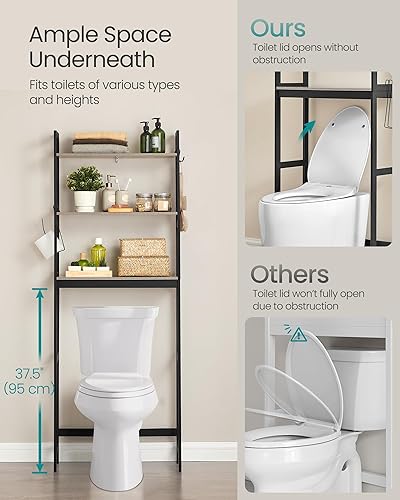 Miniatura 6 de SONGMICS Almacenamiento sobre el inodoro, organizador de baño de 3 niveles sobre el inodoro con estantes ajustables, ganchos, bambú, estantes de