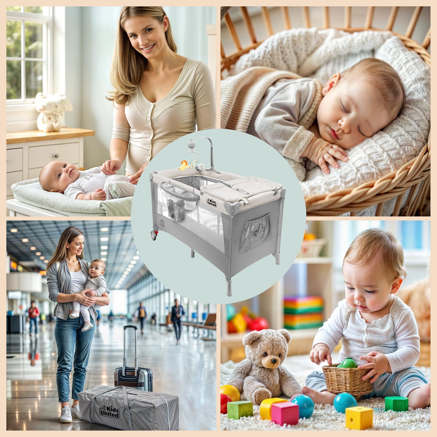 Lit de Voyage pour Bébé Deluxe all Kids United avec Matelas à Langer et Mobile Gris