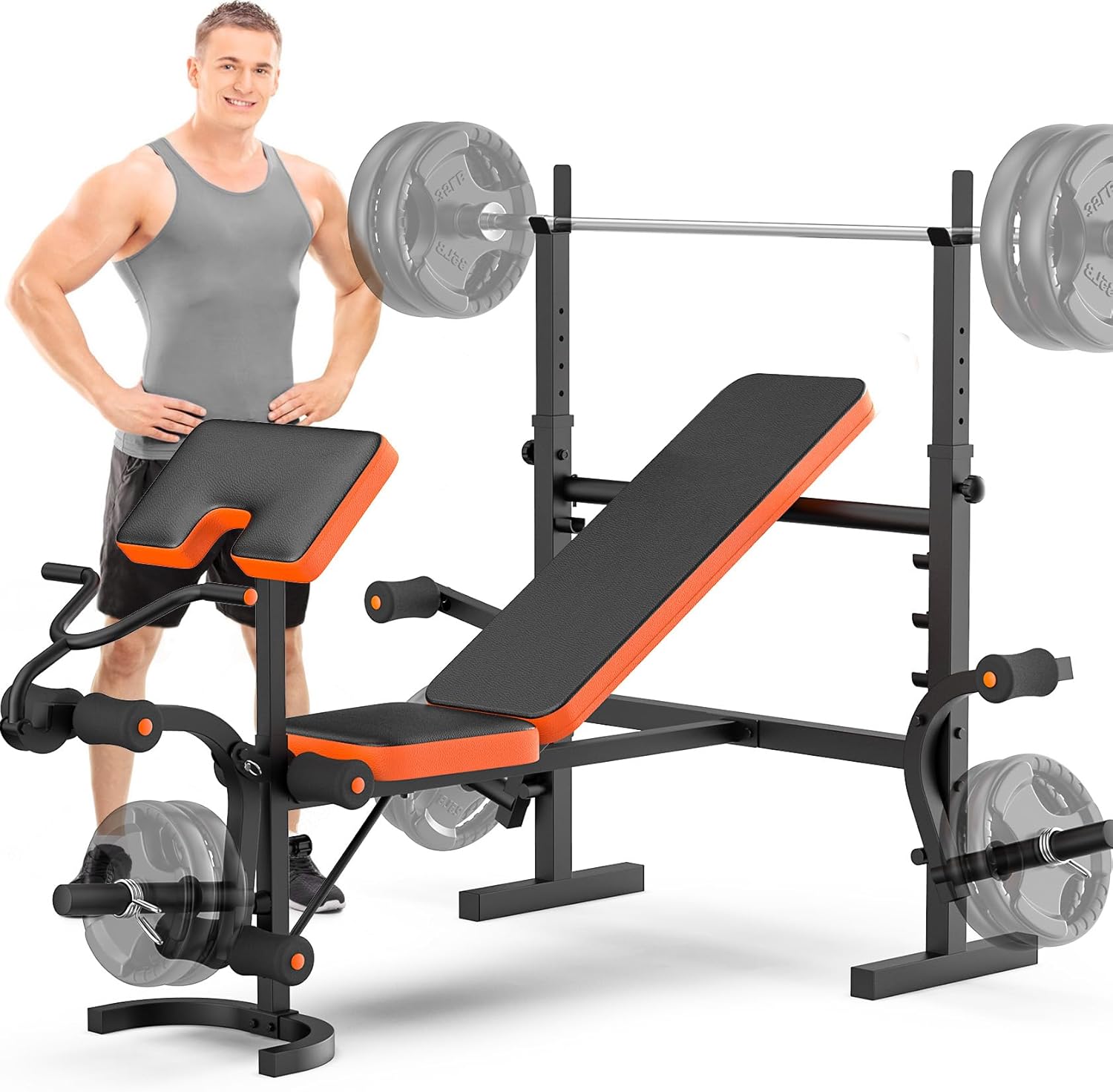 Fostoy Adjustable Weight Bench, Bench Press Set with Leg Extension and Preacher Curl, Olympic Weight Benches for Home Gym, 6 in1 Workout Bench with Rack, Flat Incline Bench for Full Body Strength