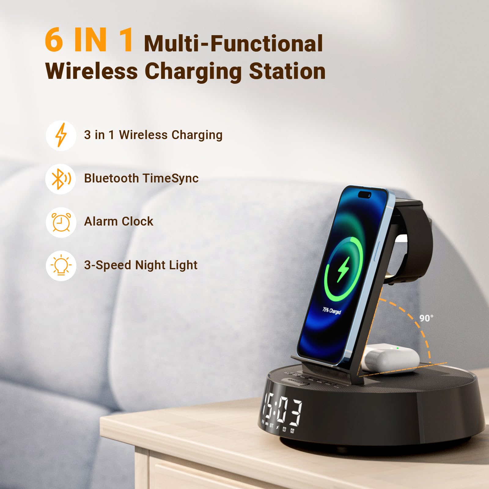 Alarm Clock with Wireless Charging Station, Clock for Bedroom with Dimmable Night Light Bluetooth Speaker, Wireless Charger Dock Station for iPhone 16 15 14 13 12 11 Pro Max, Apple Watch, AirPods 3
