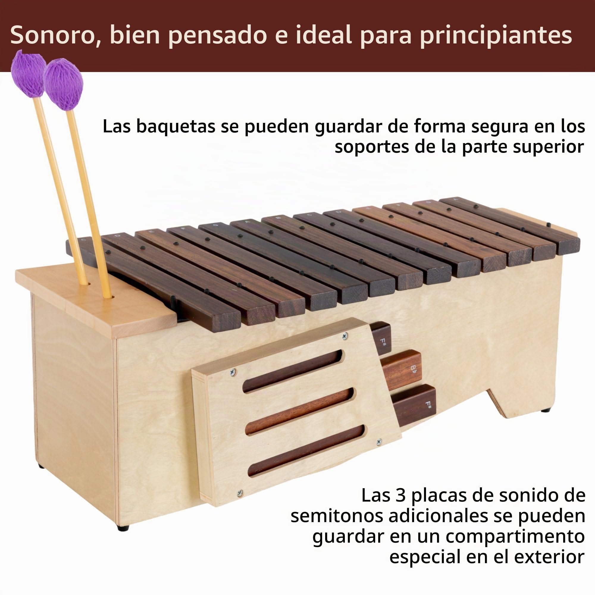 Classic Cantabile AX-1600NG Xilófono Alto (Xilófono Alto, 16 tonos, escala de Do mayor, rango tonal: c' a a'', caja de resonancia de tilo, baquetas) Madera de tilo