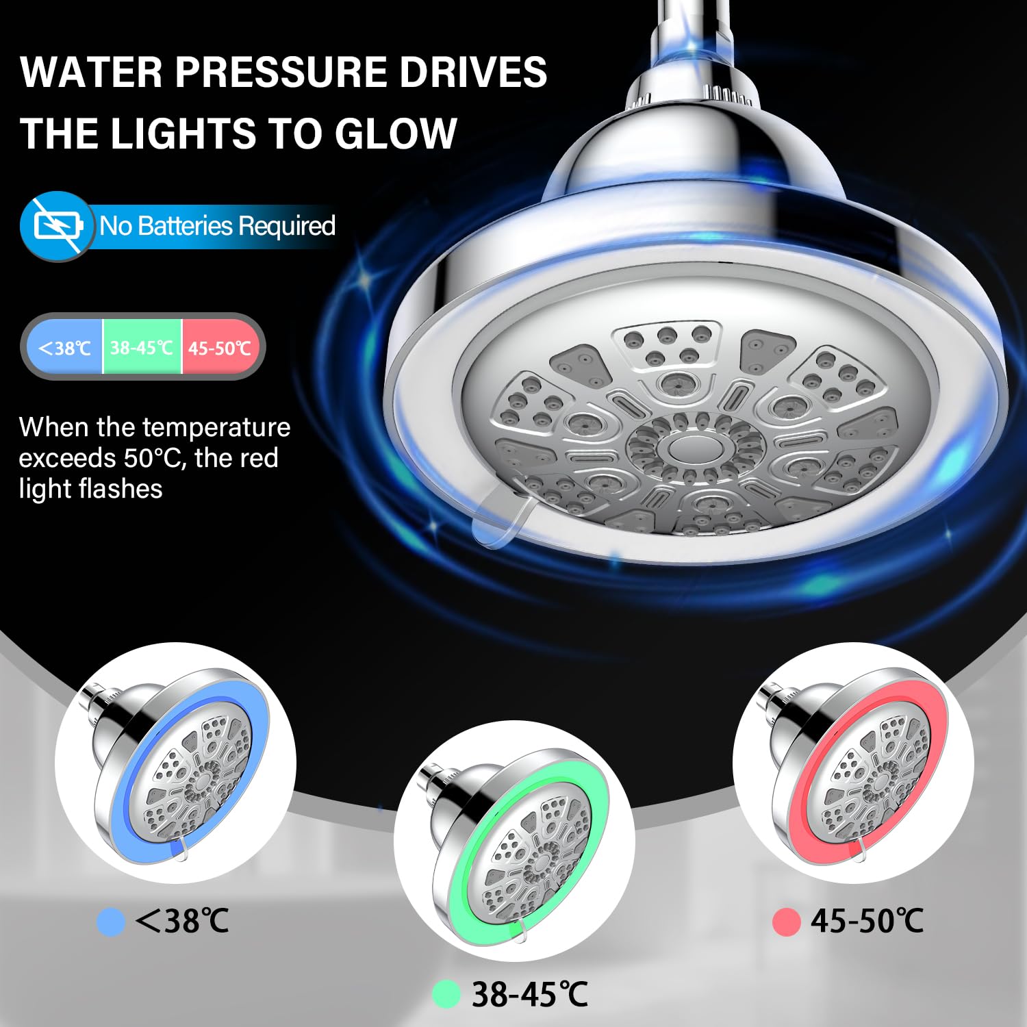 Deszczownica z diodami LED, 7 trybów prysznicowych, zmiana temperatury, 3 kolory
