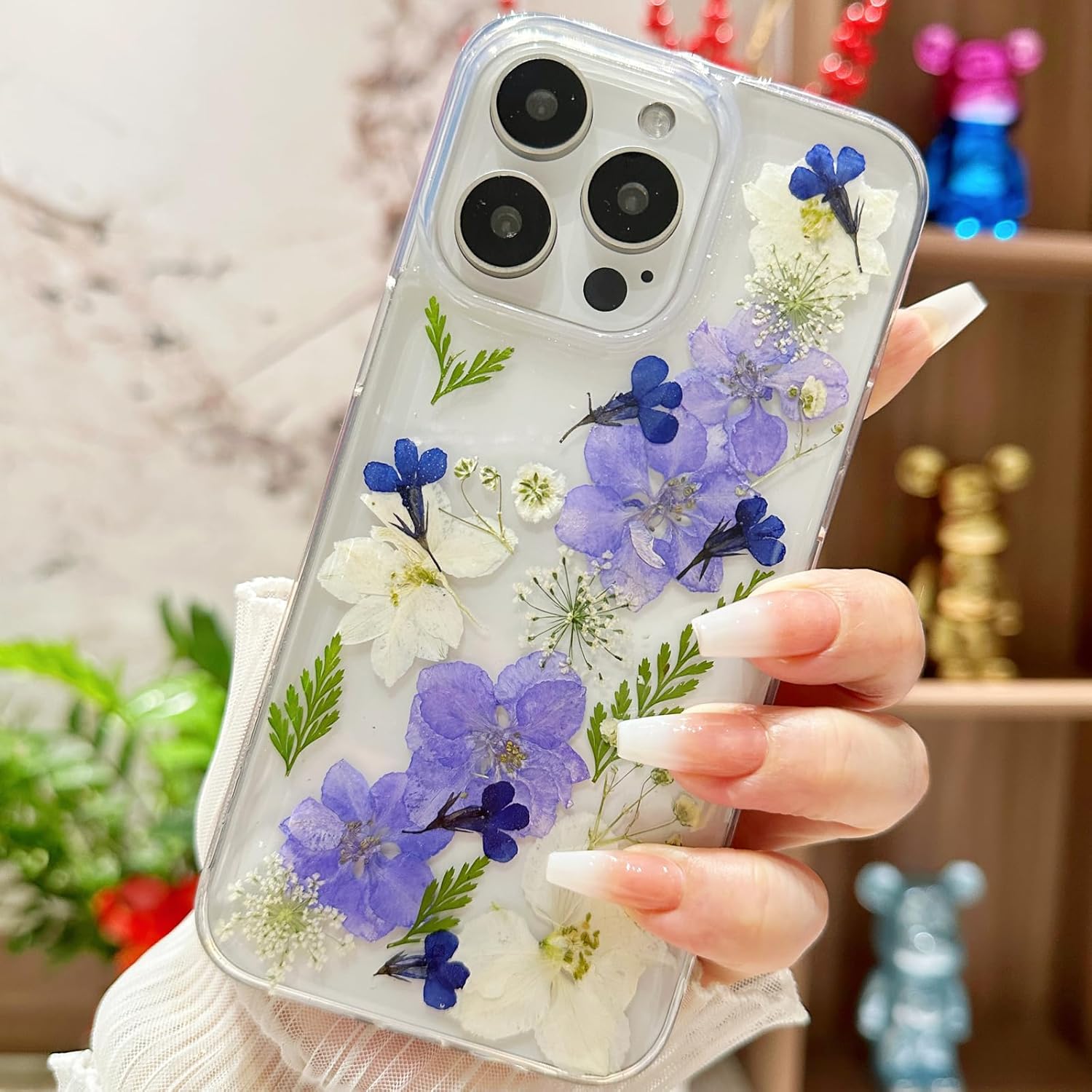 for iPhone 16 Clear Glitter Floral Case,Cute Pressed Real Flowers Design Bling Sparkly White Floral Soft TPU Silicone Bumper Shockproof Protective Case for Women Girls for iPhone 16 6.1",Blue - Image 8