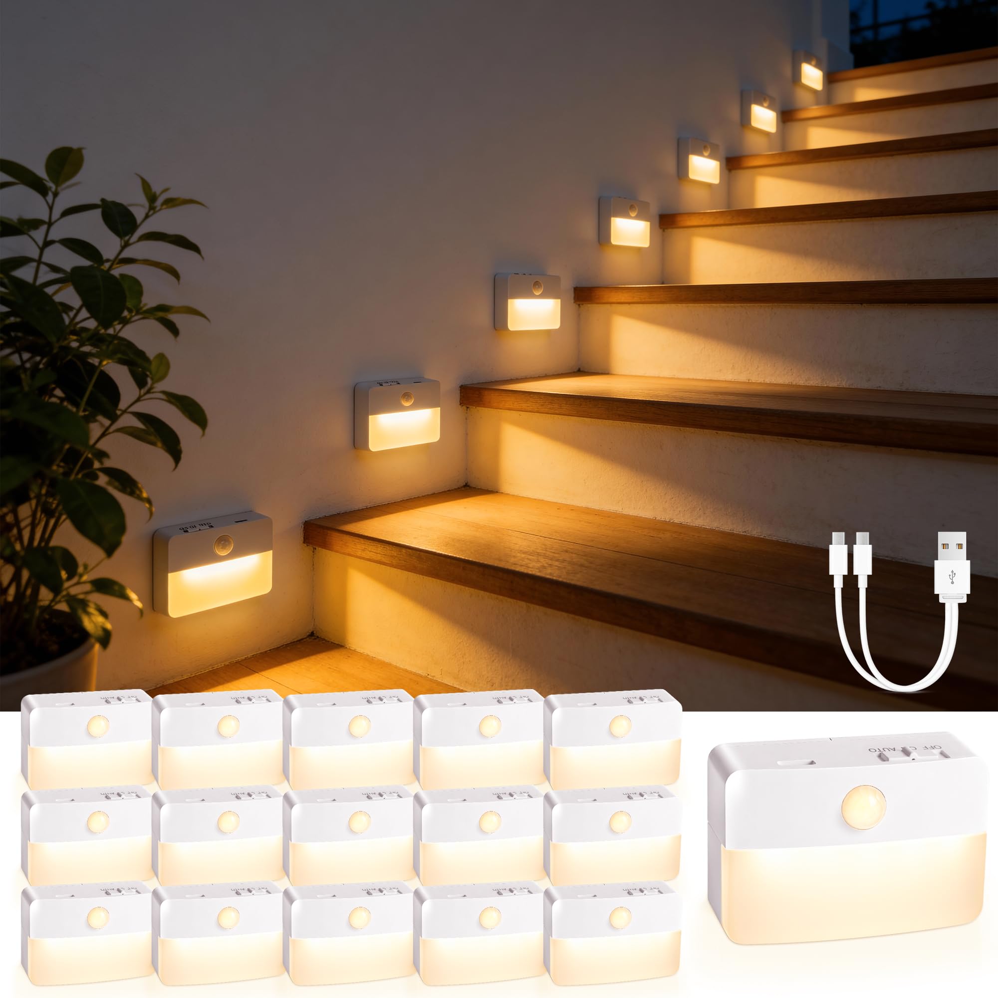 16 Pack Rechargeable Motion Sensor Stair Lights for Indoor, Wireless Battery Operated Night Light, Magnetic Led Stick On Portable Lamp for Step Hallway Closet Under Cabinet Bedroom Kitchen Bathroom