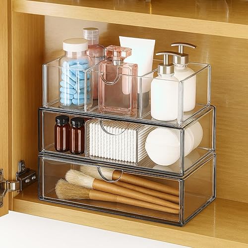 Miniatura 8 de Organizador de botiquín de 3 niveles, bandejas de almacenamiento divididas y apilables con 2 cajones para armario de espejo de baño, gabinete de