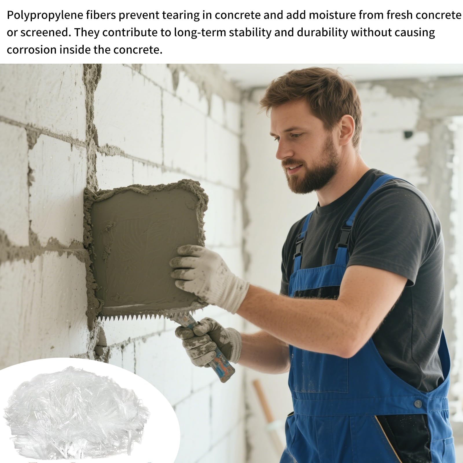 Béton renforcé de fibres de verre - Fibre de verre 6 mm pour ciment, mortier et béton - Renforcement anti-fissures et imperméabilisation - 2,2 lb - Blanc