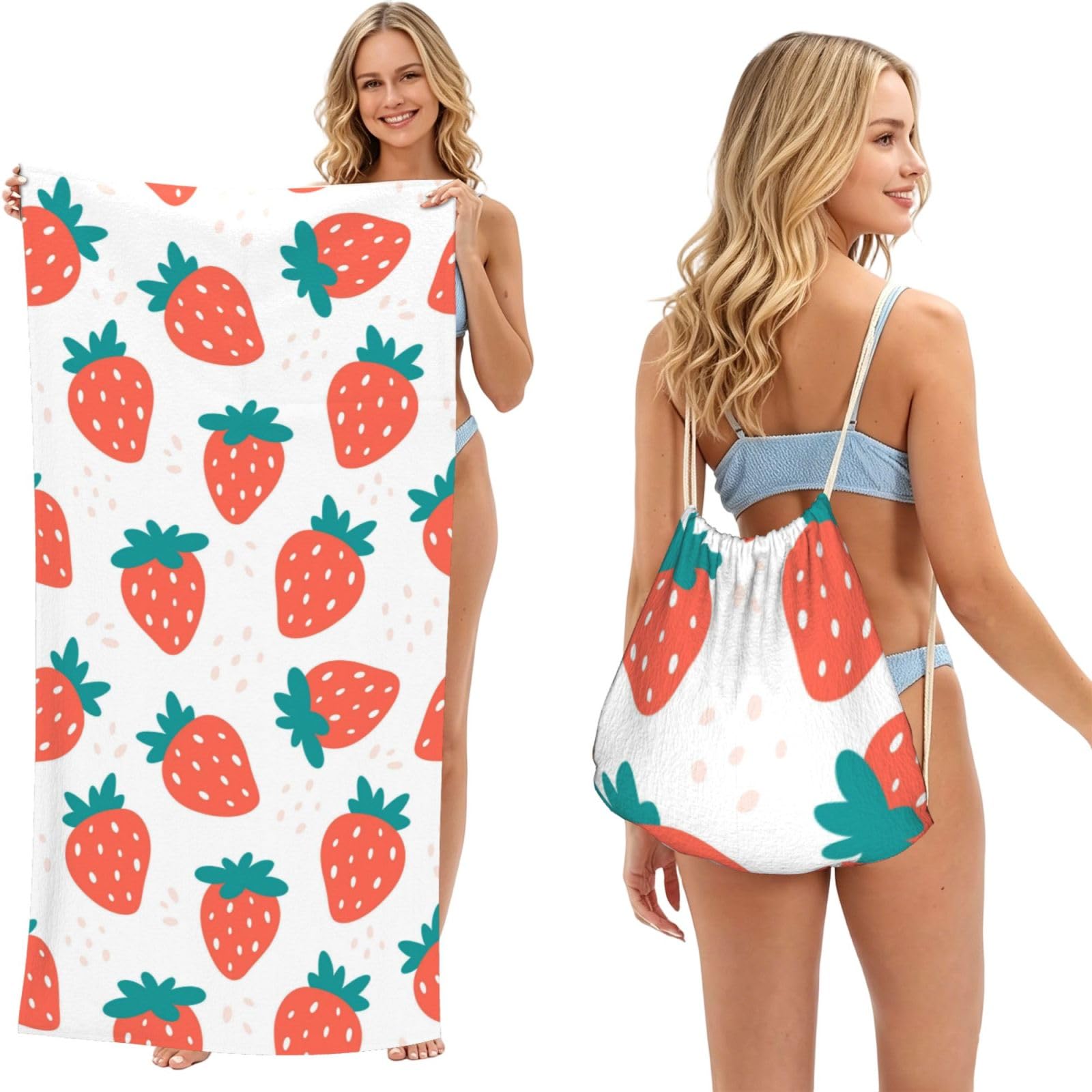 Poadnly As Picture Strawberry, 2 In 1 Packable Towel Bag, Beach Towels With Drawstring Backpack For Travel Holiday Camping
