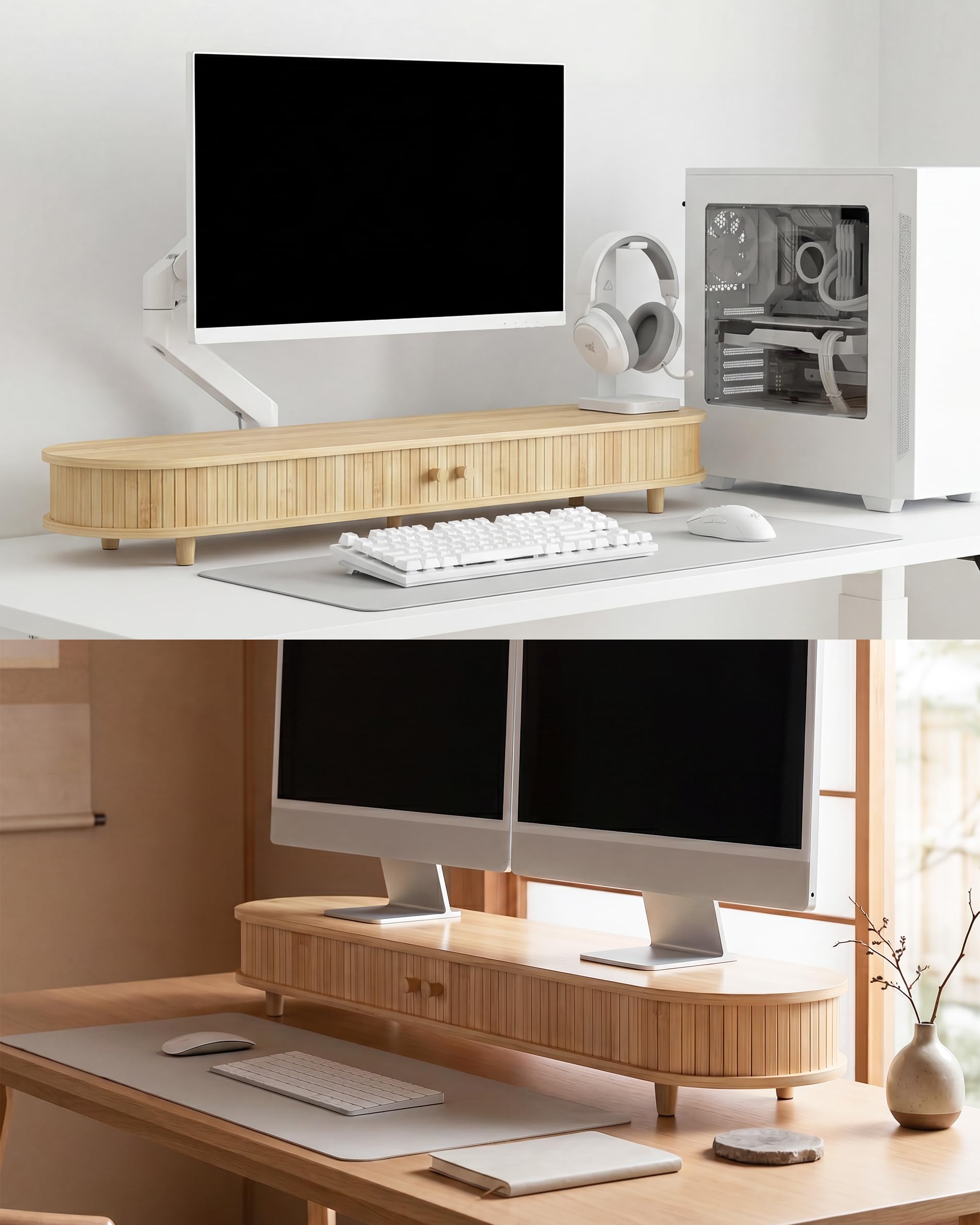 WELL WENG Supporto doppio per monitor in bambù con spazio di archiviazione, doppio supporto per computer portatile, organizer da scrivania con ante scorrevoli (107 cm)