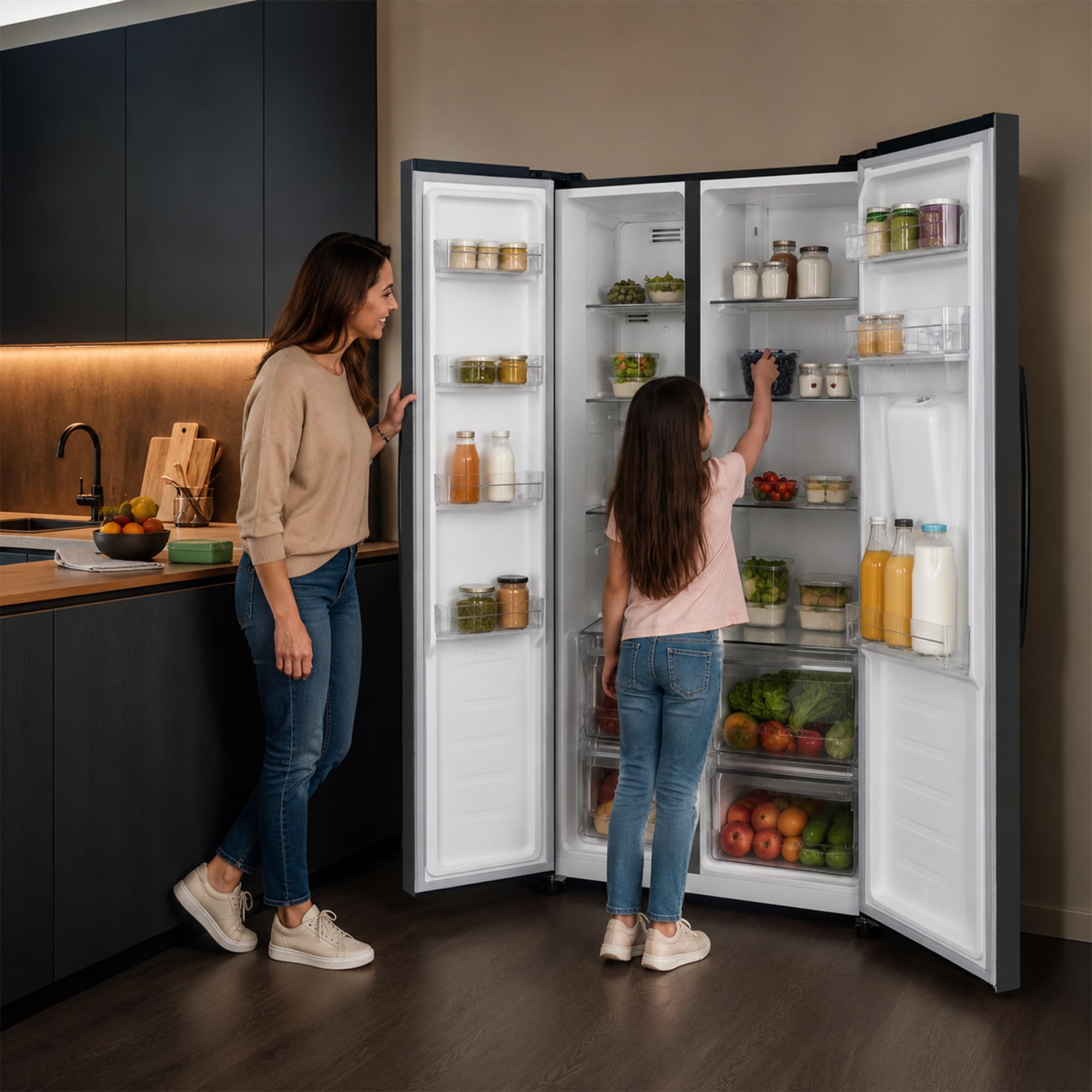 Side-by-Side Kühlschrank 439 L – Total No Frost, Inverter-Kompressor, Wasserspender – amerikanischer Kühlschrank mit Doppeltür, Dunkelgrau, Energieeffizienzklasse E – HSBS-HM439NFINVDGWDE