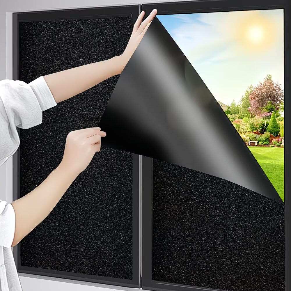 SUNBIRD Total Blackout Window Film Heat Control Sun Blocking Privacy Room Darkening Window Tint Black Window Cover 100% Light Blocking (100% Sun Blocker, 16 x 48 Inch)-image-23