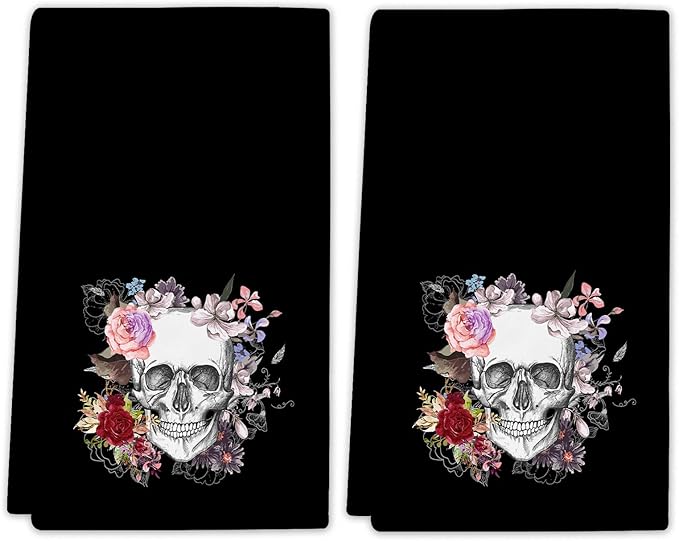 Halloween Skull Flower Kitchen Dish Towel, Black Skeleton Hand Towel, 2 PC Gothic Tea Towel Decorative for Bathroom Kitchen 18 x 26 in