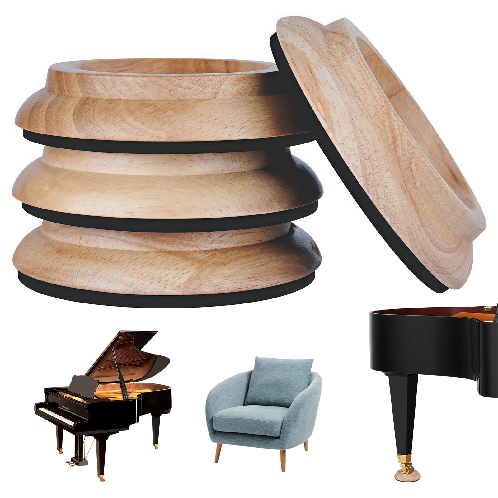 4 posavasos para piano, de madera, redondos, 10 cm de diámetro, para piano, de madera de caucho, para piano, muebles, sofás