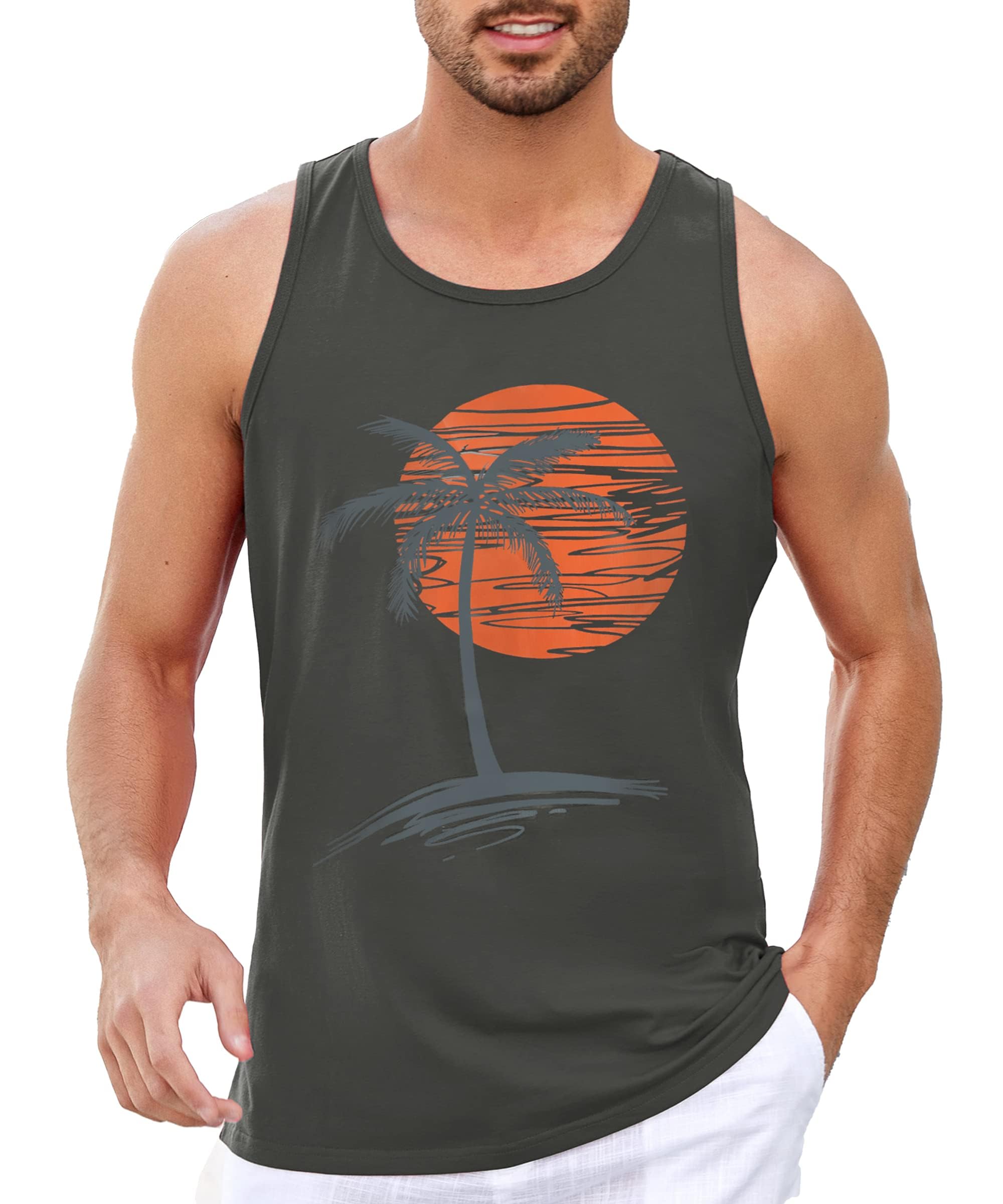 Runcati Camiseta de tirantes estampada para hombre, sin mangas, para deporte, fitness, gimnasio, entrenamiento, camiseta interior de algodón, transpirable, para culturismo