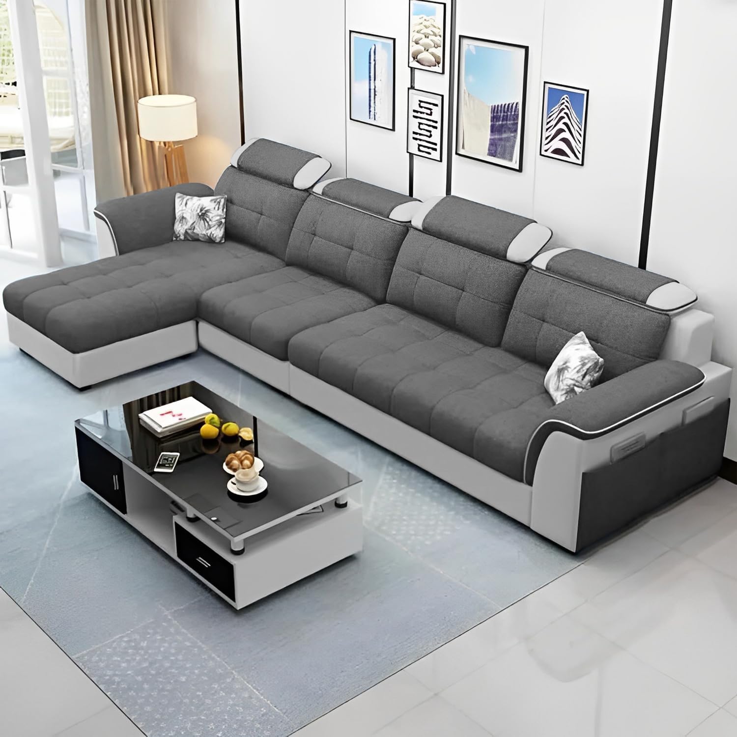 Ella Lhs 5- to 6-Person Sofa L Shape Sofa Set for Living Room (Dark Black Grey Grey) Premium Fabric Sofa-image-20