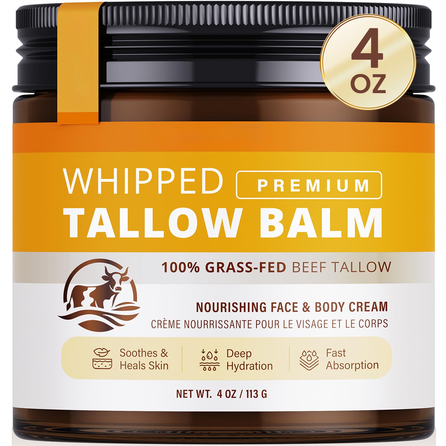 Beef Tallow Skincare Moisturizer for Face: 100% Grass-Fed Beef Tallow Balm - All Natural Tallow Face Cream Soft Smooth for Eczema and Dry Skin 4oz