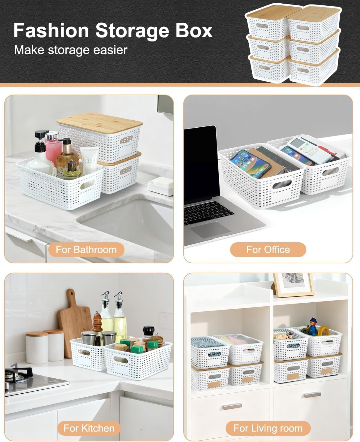 Storage Bins with Lids 6 Packs, Plastic Storage Bins with Bamboo Lids for Pantry Organization and Storage Containers for Shelves Drawers Desktop Closet Playroom Classroom Office Home, White