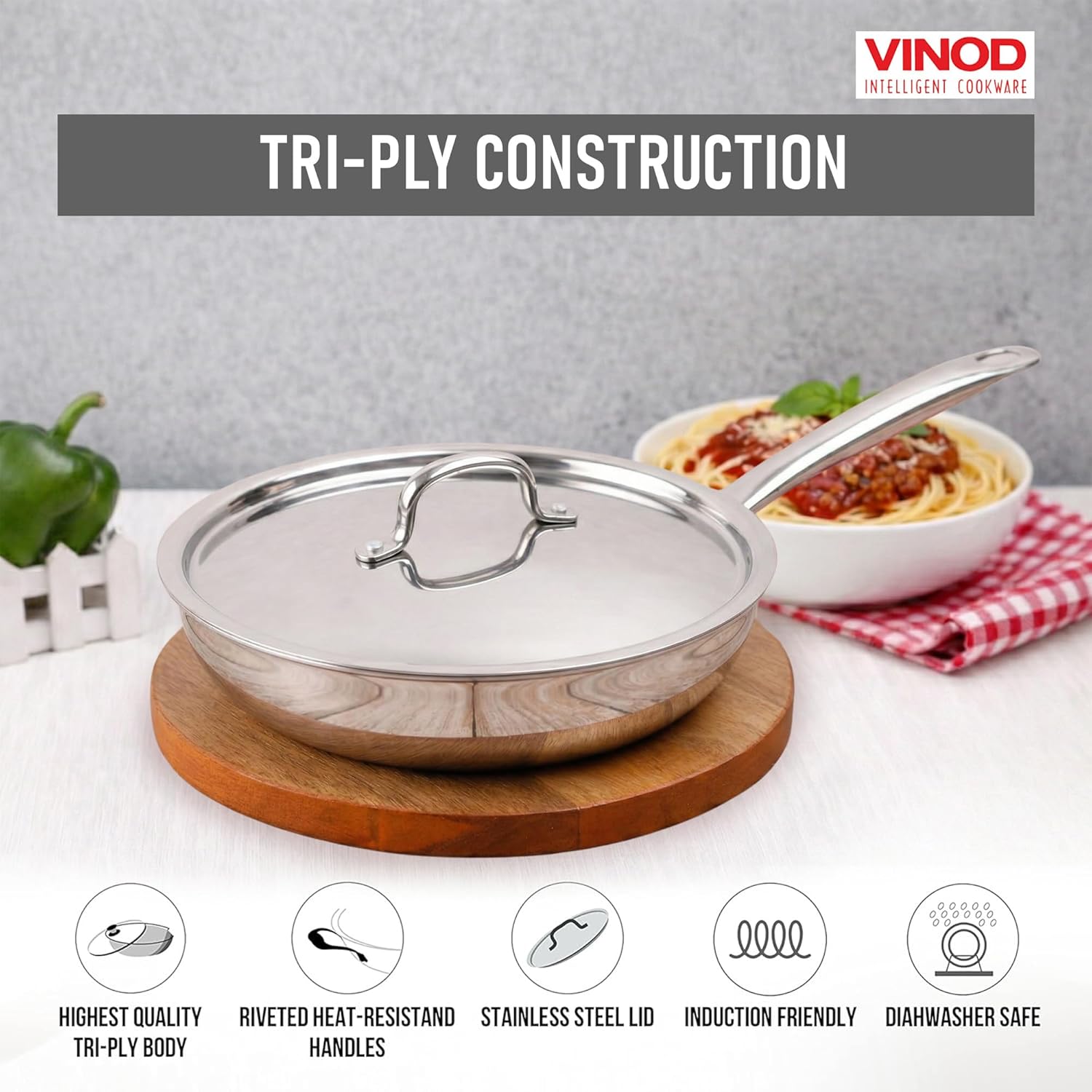 Vinod Smart Triply Stainless Steel Frying Pan with Lid, Nonstick Frying Pan with Lid, Suitable for Stir Frying, Searing, Sauteing & Griddling, Dishwasher Safe, Not Induction Friendly, 26 CM Diameter