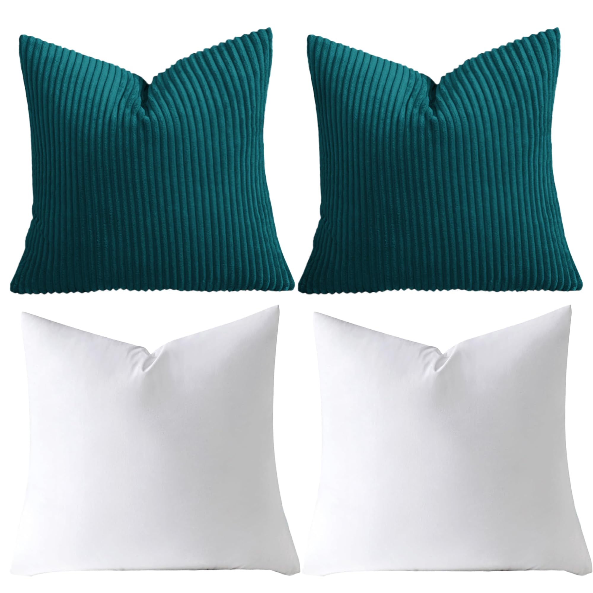 AMEHA Stripe Forest Teal Velvet Cushions with covers included Pack of 2 (2 Covers 45 x 45 cm, 2 Inserts) Square throw Pillowcases with Invisible Zipper for Sofa Bed Livingroom 18”x18” inches