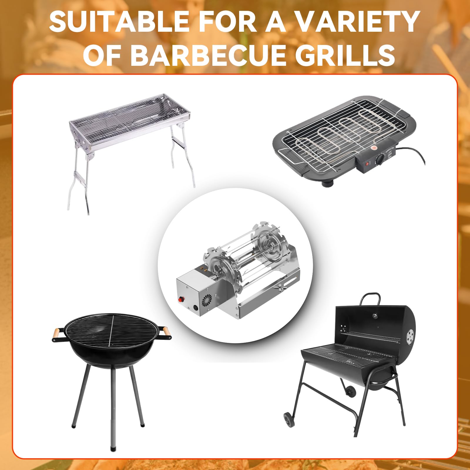 Nikou Spiedino Girevole Rotisserie Grill, Automatico per Barbecue Girevole per Kebab, Spiedini e Arrosti, Barbecue da Tavolo Elettrico con 16,5 a 29,5 cm Base Telescopica