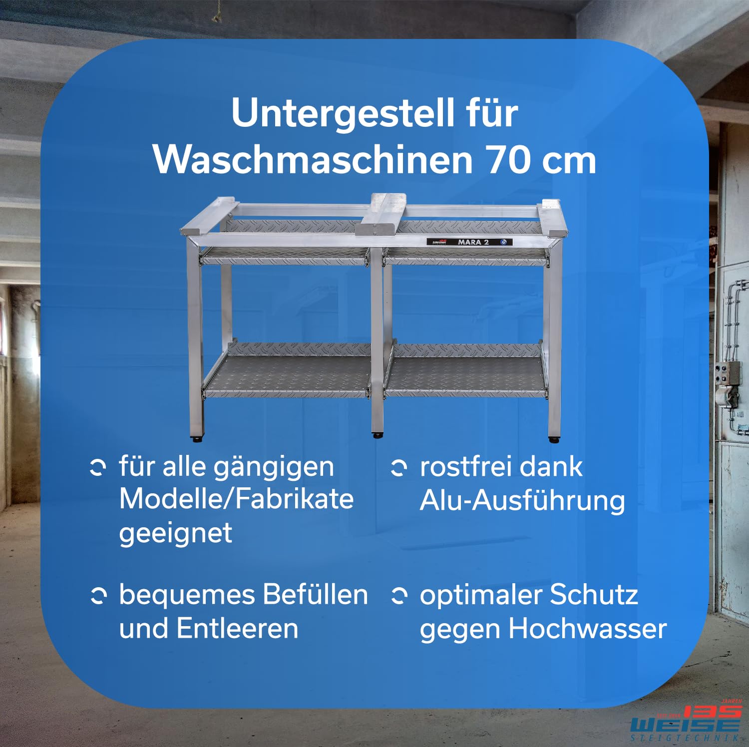 Weise MARA 2 Untergestell für Waschmaschine & Trockner, 70 cm, mit Auszügen | 6 Beine; bis 1.000 kg Tragkraft; 4 separate Auszüge; für stark schwingende Maschinen