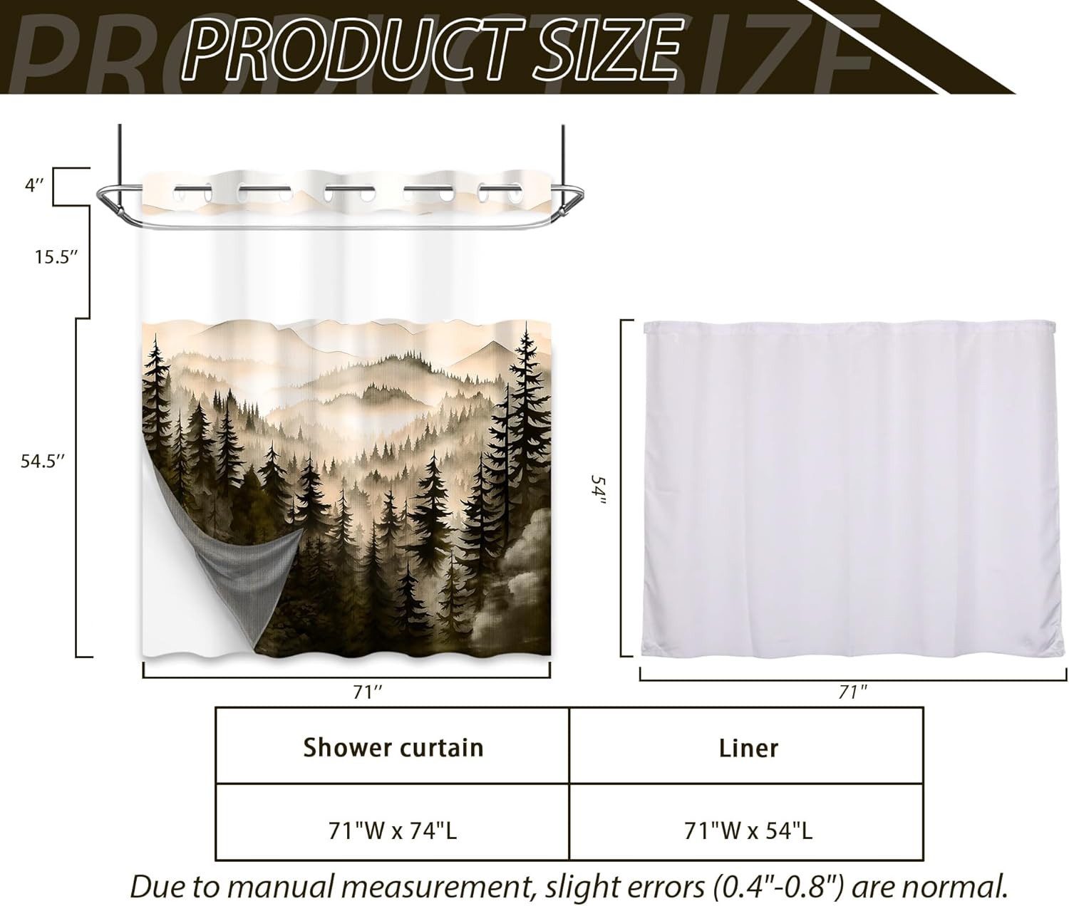 Dark Brown Forest Hookless Shower Curtain with Snap in Liner, Bronze Brown Mountain No Hook Double Layer Shower Curtain and Liner Set, Ringless with Window Waterproof Cloth Fabric, 71" W x 74" L
