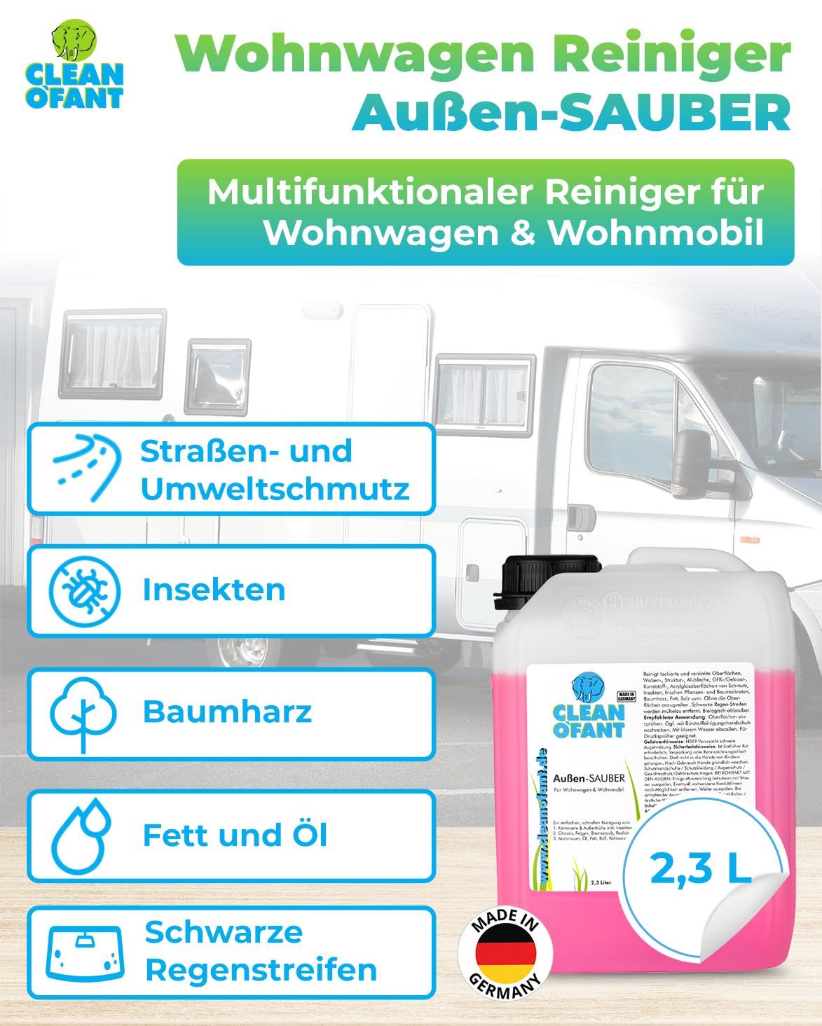 CLEANOFANT Wohnwagen Reiniger Außen-SAUBER | 2,3 Liter | Wohnmobil Caravan Vorzelt reinigen - das Shampoo vereint Außenreiniger, Insektenentferner, Felgen- & Motorraum-Reiniger