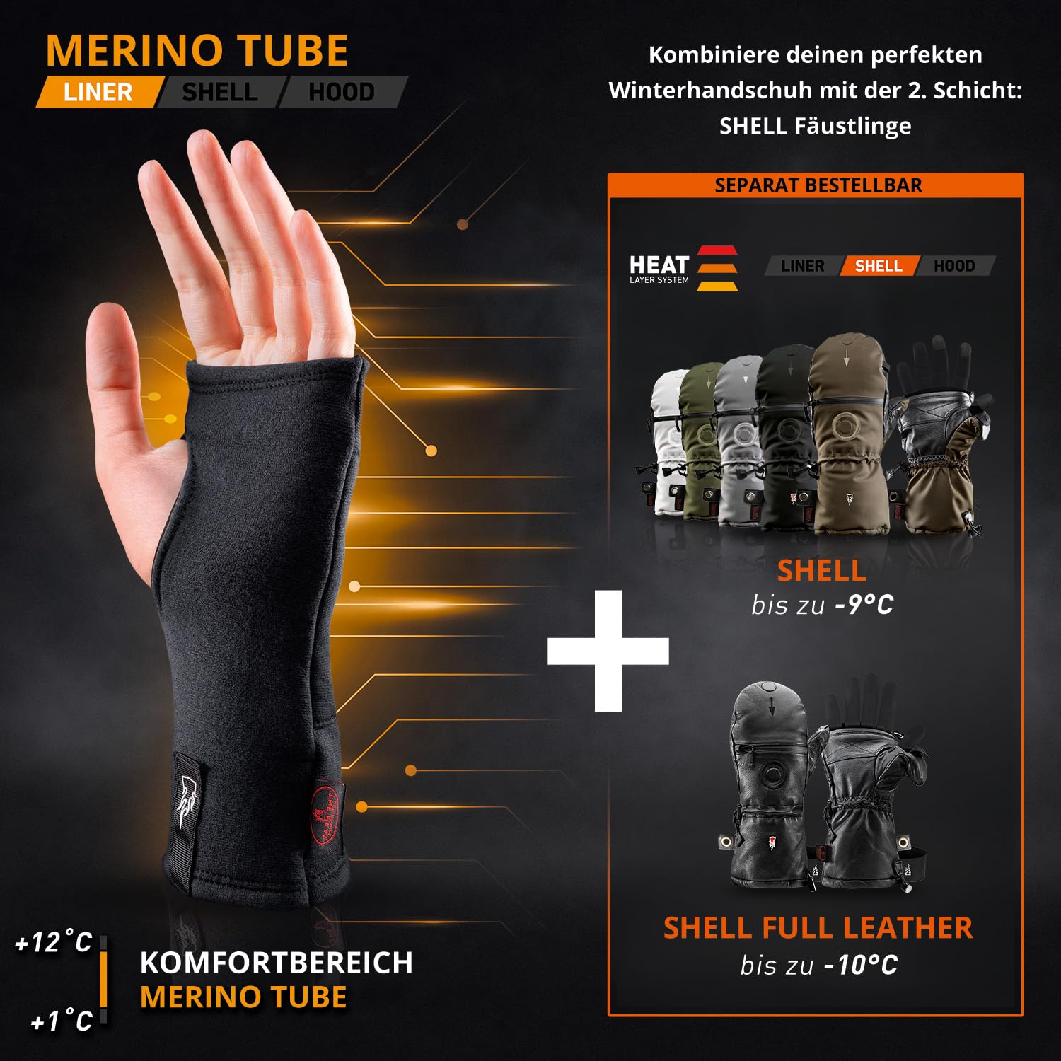 THE HEAT COMPANY - Merino Tube - Fingerlose Merino Handschuhe - Premium Qualität - Pulswärmer für Damen & Herren - Handschuhe ohne Fingerkuppen: Halbfinger Handschuhe - Handstulpen