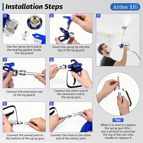 Miniatura 9 de 18 piezas Kit de pistola pulverizadora de pintura sin aire 3600PSI, con manguera de alta presión de 25 pies, varilla de extensión y puntas de