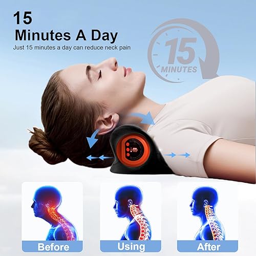 Miniatura 5 de Masajeador de cuello 2025, estirador de cuello para aliviar el dolor, dispositivo de tracción cervical y relajante de hombros con calor, almohadas