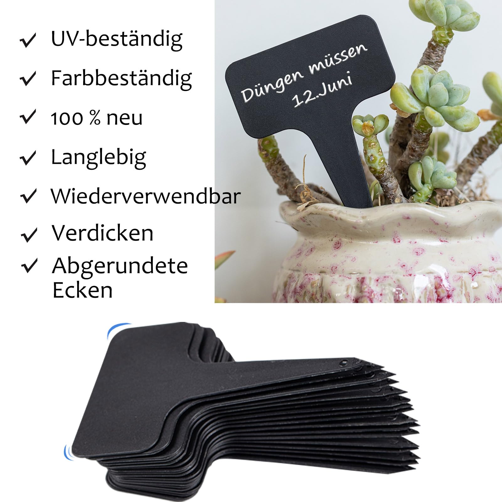 Targhette per Piante Marcatori Piante Impermeabili 100 pz Cartellini per Piante Etichette per Orto Pianta di Plastica con Penna, Altezza: 10 cm, Area di etichettatura: 6 x 3 cm, Nero