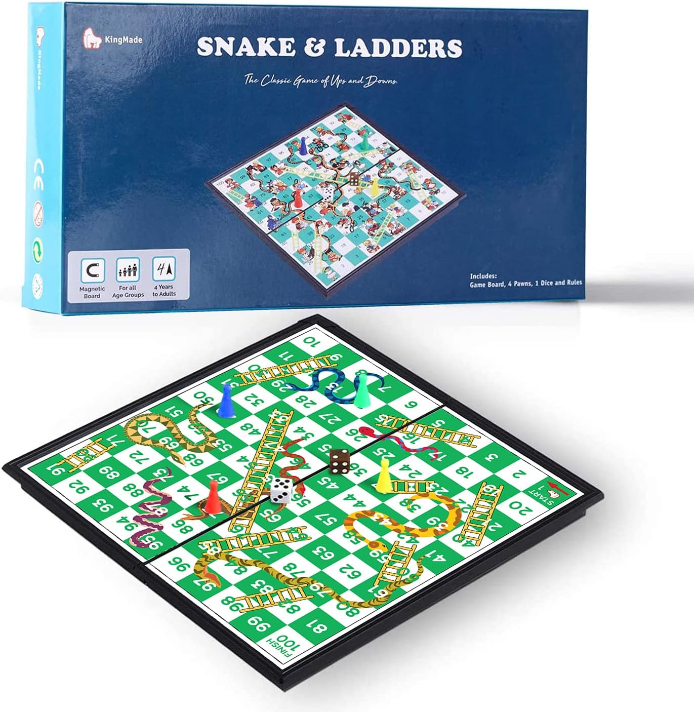 KingMade Magnetic Snakes and Ladders Game Set - Portable with Built-in Storage Board Game for All Ages (10 Inches) | Interesting Gift for Kids and Adult