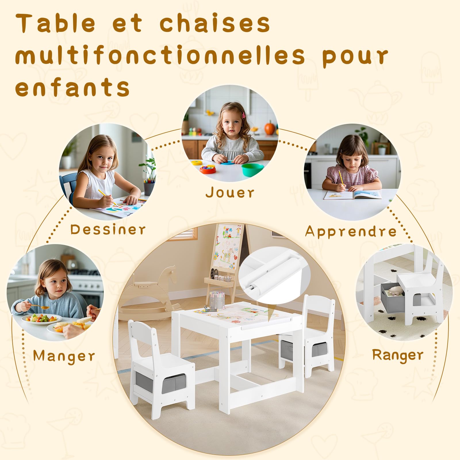Lestarain 3 en 1 Table pour Enfants et 2 Chaises avec Tiroir de Rangement, Ensemble de Meuble Table d'activité avec Tableau Noir et Un Rouleau de Papier Amovible à Dessiner, Blanc