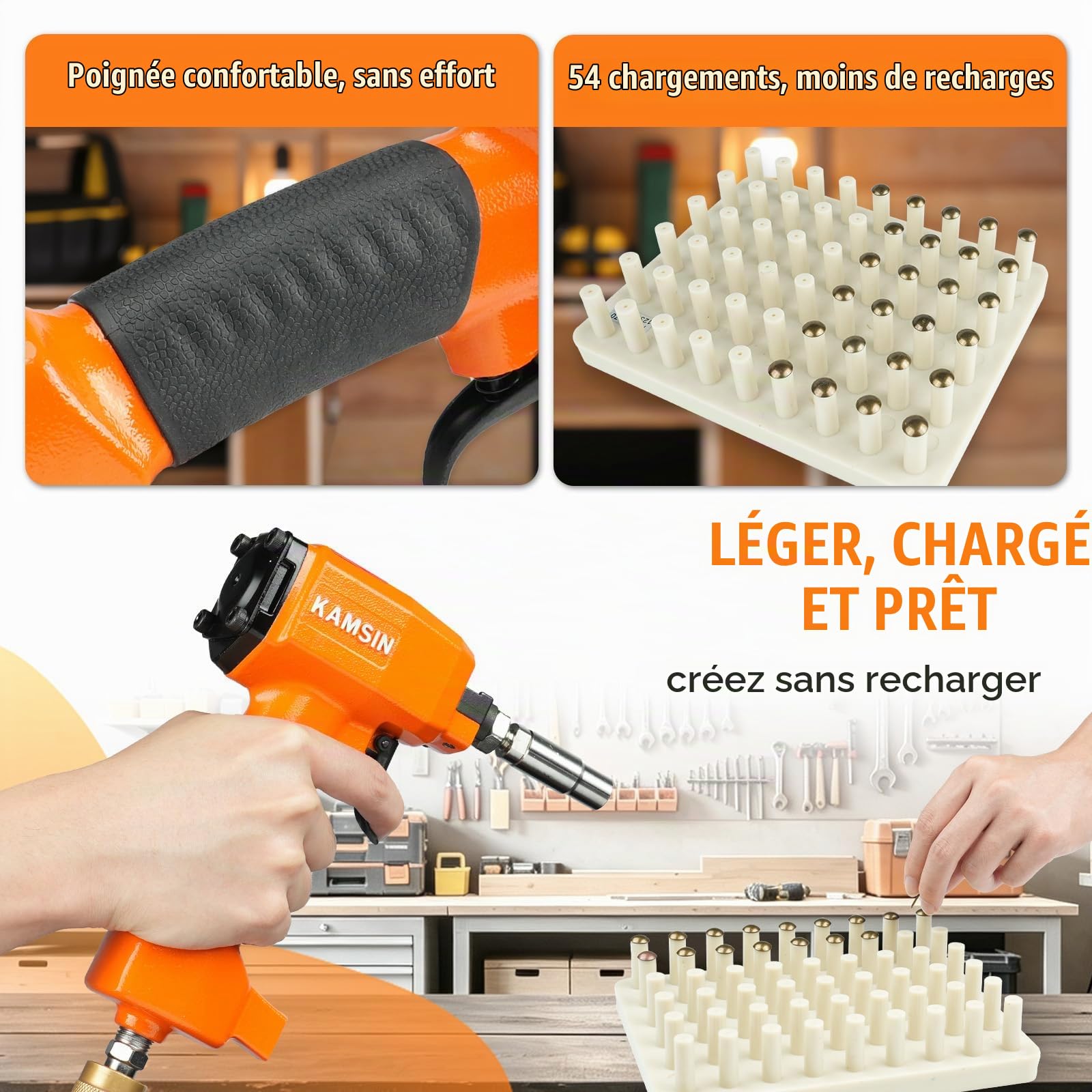 KAMSIN 1170 Cloueuse décorative pneumatique avec panneau de charge et manchon remplaçable, pistolet à clouer à air pour clous de tapisserie, épingles de tapisserie | Positionnement magnétique, plateau de chargement 54 agrafes, profondeur réglable, compati