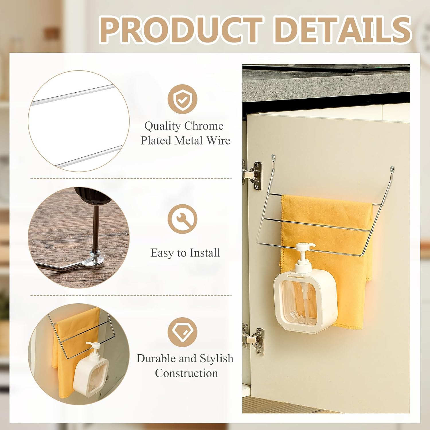 Blulu 2 Pcs Under Sink Towel Holder for Kitchen and Bathroom Cabinets 3 Folded 3 Tier Towel Rack Wire Chrome Dish Rag Holder Door Mount Wire Dish Rack Hanger for Family Kitchen Bathroom Cabinet Door