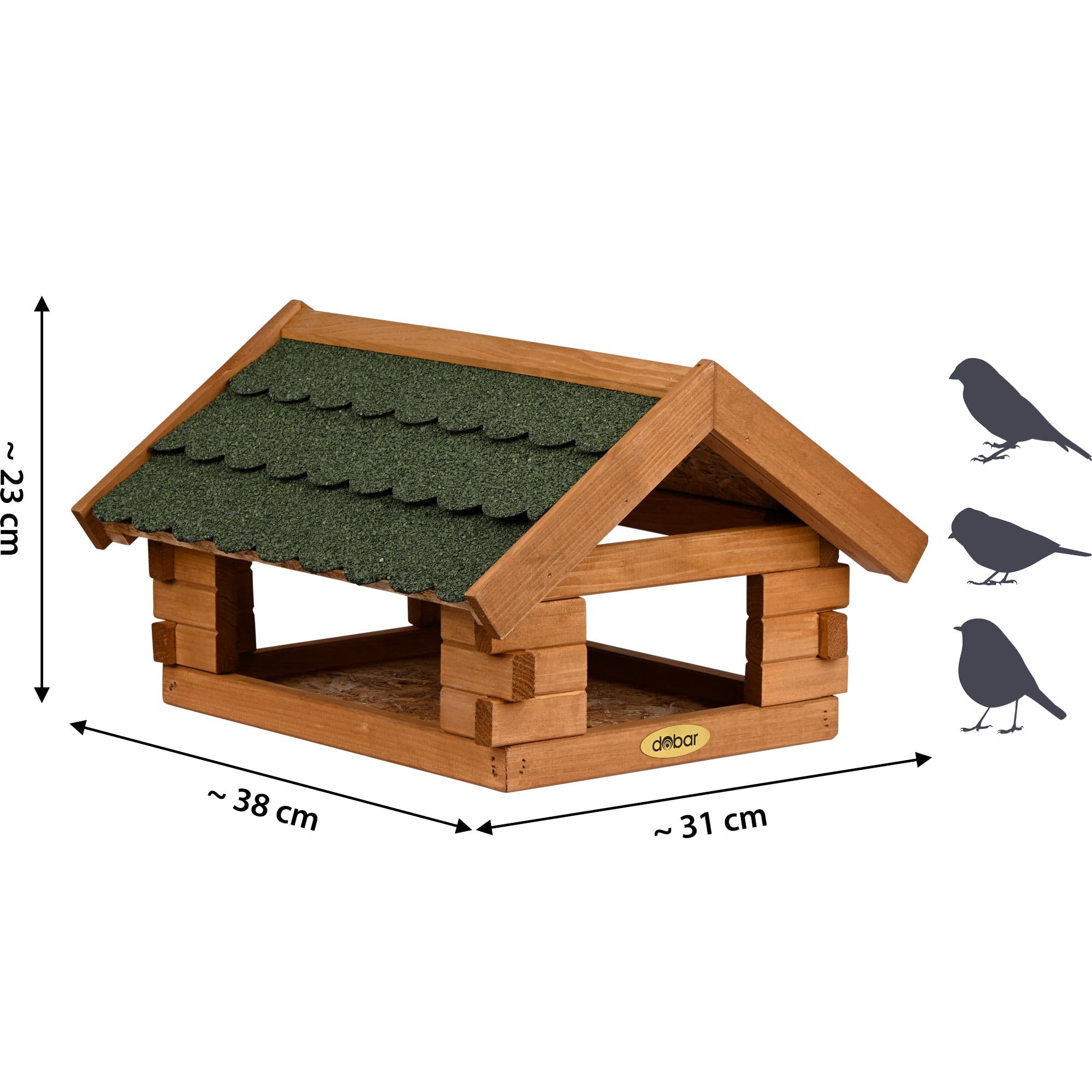 dobar® Vogelhaus Blockhaus mit Bitumendach - Vogelfutterhaus aus Holz wetterfest lasiert - Futterstation für Wildvögel stehend für Ständer - Grün
